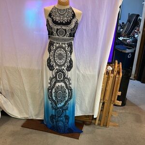 Elegant Black and Blue Halter Maxi Dress